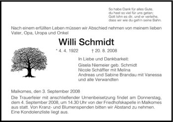 Traueranzeige von Willi Schmidt von HERSFELDER ZEITUNG