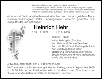 Traueranzeige von Heinrich Hehr von HERSFELDER ZEITUNG