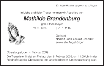 Traueranzeige von Mathilde Brandenburg von HERSFELDER ZEITUNG