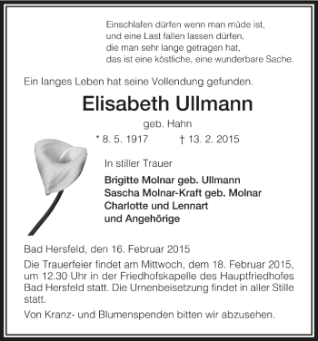 Traueranzeige von Elisabeth Ullmann von Hersfelder Zeitung