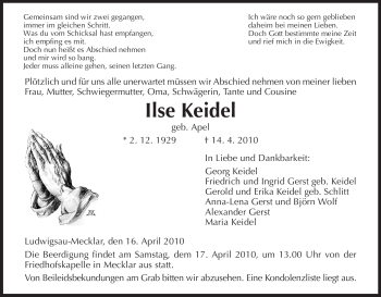 Traueranzeige von Ilse Keidel von HERSFELDER ZEITUNG