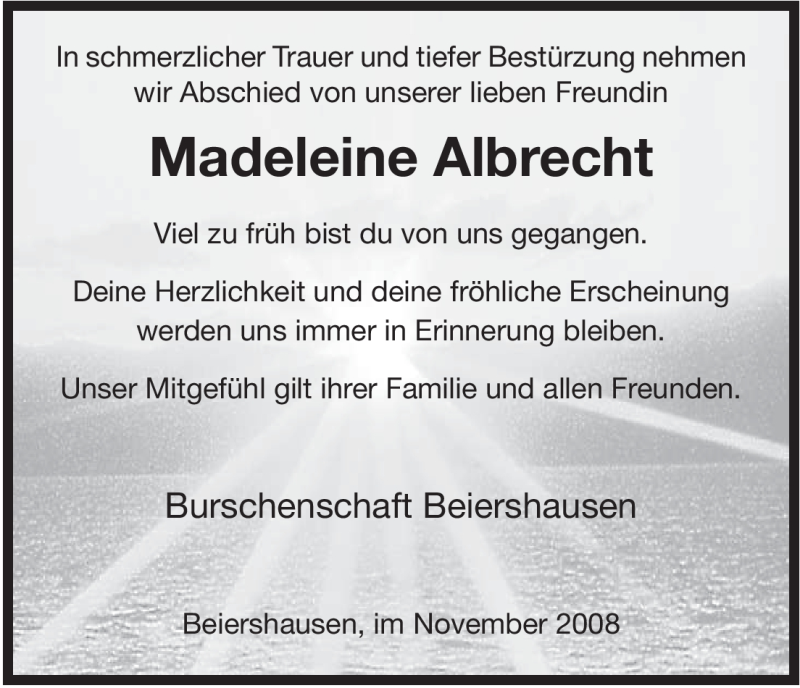  Traueranzeige für Madeleine Albrecht vom 29.11.2008 aus HERSFELDER ZEITUNG