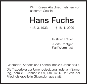 Traueranzeige von Hans Fuchs von HERSFELDER ZEITUNG