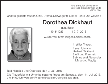 Traueranzeige von Dorothea Dickhaut von Hersfeld