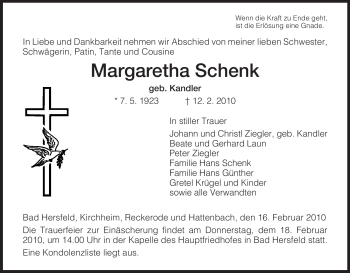 Traueranzeige von Margaretha Schenk von HERSFELDER ZEITUNG