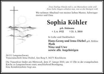 Traueranzeige von Sophia Köhler von HERSFELDER ZEITUNG