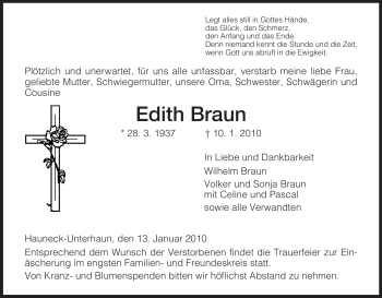 Traueranzeige von Edith Braun von HERSFELDER ZEITUNG