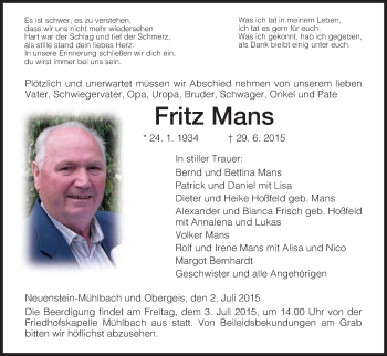 Traueranzeige von Fritz Mans von Hersfeld