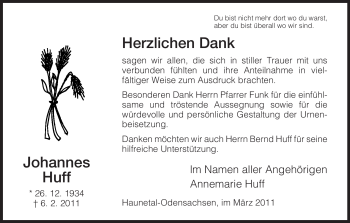 Traueranzeige von Johannes Huff von HERSFELDER ZEITUNG