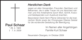 Traueranzeige von Paul Schaar von HERSFELDER ZEITUNG