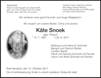 Traueranzeige von Käte Snoek von HERSFELDER ZEITUNG