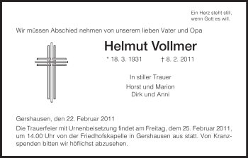 Traueranzeige von Helmut Vollmer von HERSFELDER ZEITUNG