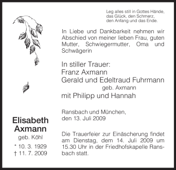 Traueranzeige von Elisabeth Axmann von HERSFELDER ZEITUNG