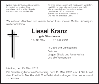 Traueranzeige von Liesel Kranz von HERSFELDER ZEITUNG