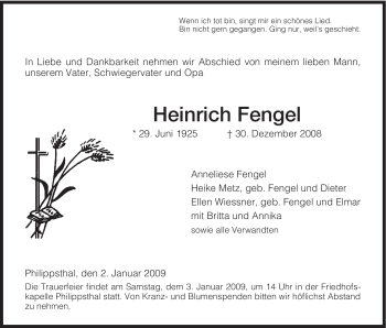 Traueranzeige von Heinrich Fengel von HERSFELDER ZEITUNG