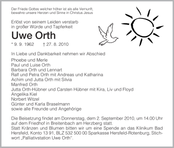 Traueranzeige von Uwe Orth von HERSFELDER ZEITUNG