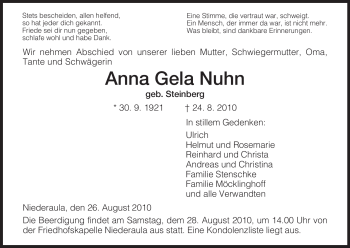 Traueranzeige von Anna Gela Nuhn von HERSFELDER ZEITUNG