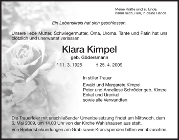 Traueranzeige von Klara Kimpel von HERSFELDER ZEITUNG