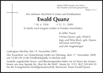 Traueranzeige von Ewald Quanz von HERSFELDER ZEITUNG