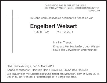 Traueranzeige von Engelbert Weisert von HERSFELDER ZEITUNG