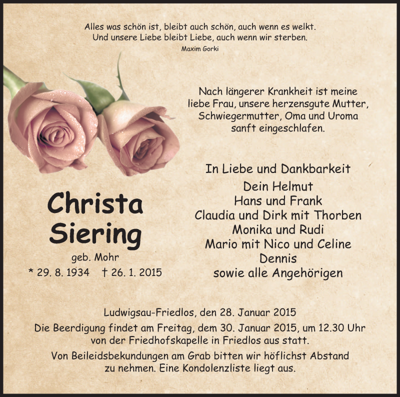  Traueranzeige für Christa Siering vom 28.01.2015 aus Hersfeld