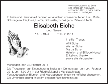Traueranzeige von Elisabeth Eiche von HERSFELDER ZEITUNG