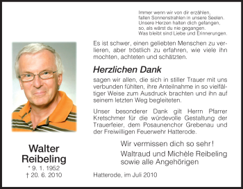 Traueranzeige von Walter Reibeling von HERSFELDER ZEITUNG