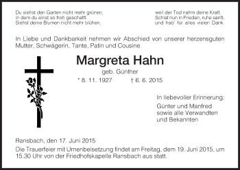 Traueranzeige von Margreta Hahn von Hersfeld