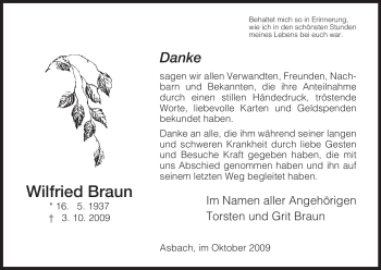 Traueranzeige von Wilfried Braun von HERSFELDER ZEITUNG