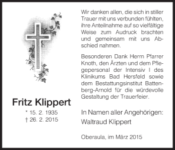 Traueranzeige von Fritz Klippert von Hersfeld