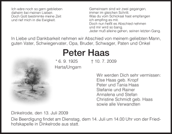 Traueranzeige von Peter Haas von HERSFELDER ZEITUNG