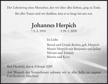 Traueranzeige von Johannes Herpich von HERSFELDER ZEITUNG