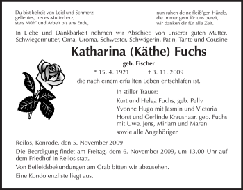 Traueranzeige von Katharina Fuchs von HERSFELDER ZEITUNG