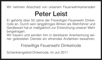 Traueranzeige von Peter Leist von HERSFELDER ZEITUNG