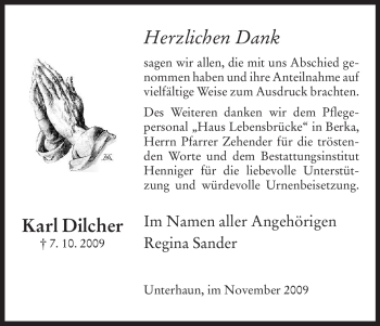 Traueranzeige von Karl Dilcher von HERSFELDER ZEITUNG