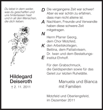 Traueranzeige von Hildegard Deiseroth von HERSFELDER ZEITUNG