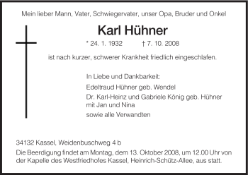Traueranzeige von Karl Heinz Hühner von HERSFELDER ZEITUNG