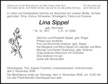 Traueranzeige von Lina Sippel von HERSFELDER ZEITUNG