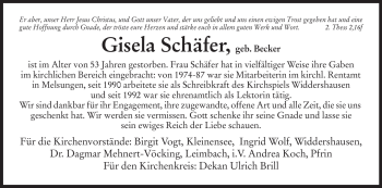 Traueranzeige von Gisela Schäfer von HERSFELDER ZEITUNG