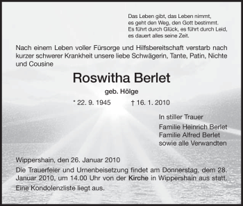 Traueranzeige von Roswitha Berlet von HERSFELDER ZEITUNG