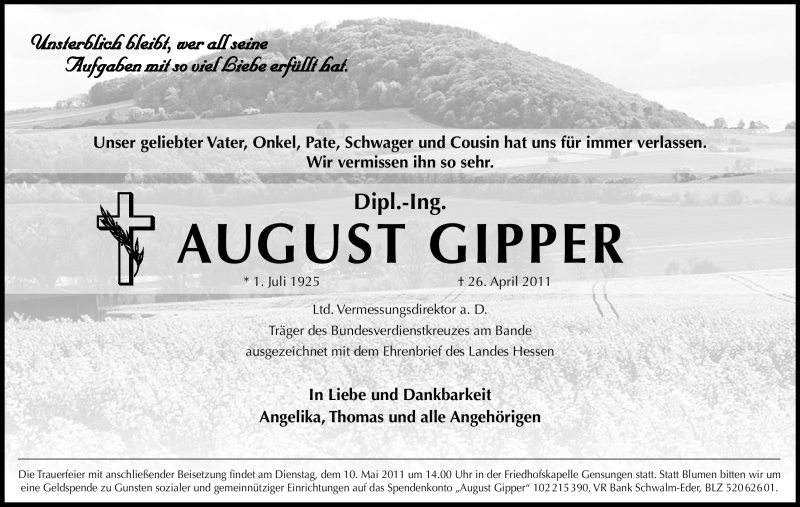  Traueranzeige für August Gipper vom 30.04.2011 aus HERSFELDER ZEITUNG