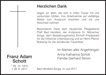 Traueranzeige von Franz Adam Schott von HERSFELDER ZEITUNG