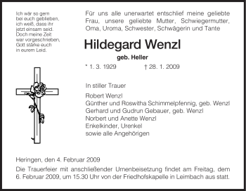 Traueranzeige von Hildegard Wenzl von HERSFELDER ZEITUNG