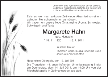 Traueranzeige von Margarete Hahn von HERSFELDER ZEITUNG