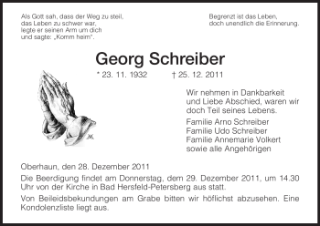 Traueranzeige von Georg Schreiber von HERSFELDER ZEITUNG