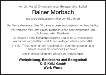 Traueranzeige von Rainer Morbach von HERSFELDER ZEITUNG