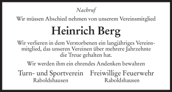 Traueranzeige von Heinrich Berg von HERSFELDER ZEITUNG