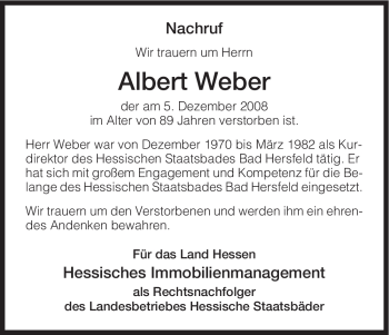 Traueranzeige von Albert Weber von HERSFELDER ZEITUNG