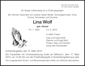 Traueranzeige von Lina Wolf von HERSFELDER ZEITUNG