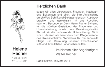 Traueranzeige von Helene Recher von HERSFELDER ZEITUNG